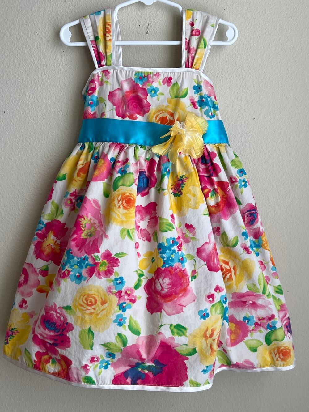Pinky Girls Bright Floral A-Line Party Dress White Pink Yellow Blue Size 5